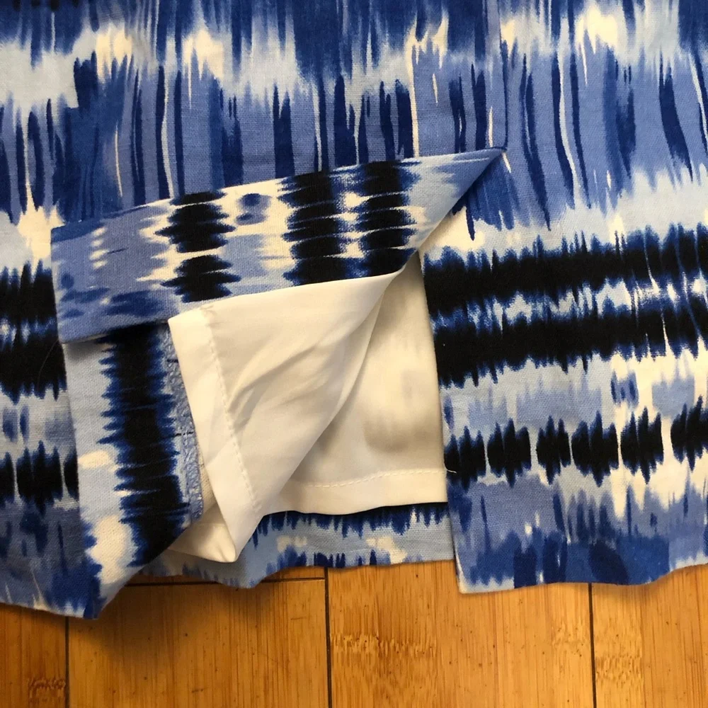 Tahari Linen Blend Tie Dye Ikat Prints Blue White Sleeveless Sheath Dress size 8 - Picture 11 of 16